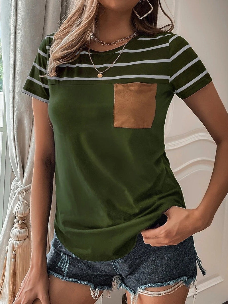 Women's T-Shirts Striped Pocket Round Neck Short Sleeve T-Shirt