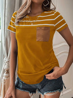 Women's T-Shirts Striped Pocket Round Neck Short Sleeve T-Shirt