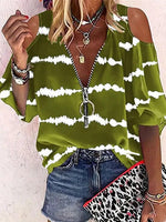 Women's T-Shirts Striped Print Zip Off-Shoulder Mid-Sleeve T-Shirt