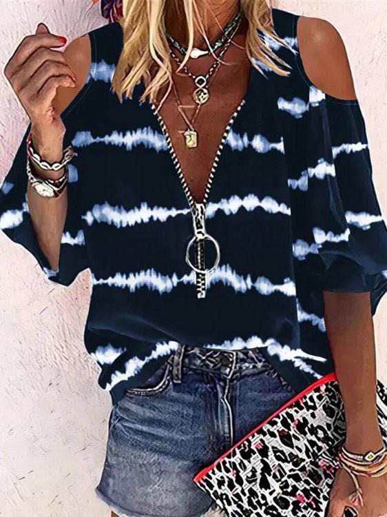 Women's T-Shirts Striped Print Zip Off-Shoulder Mid-Sleeve T-Shirt