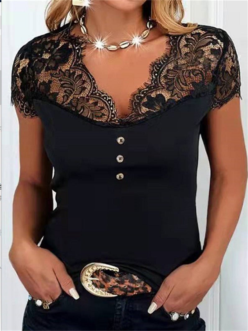 Women's T-Shirts V-Neck Lace Button Slim Fit T-Shirt