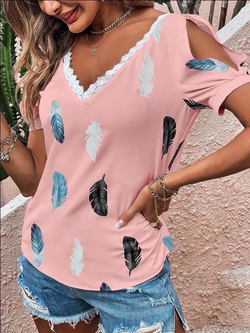 Women's T-Shirts V-Neck Lace Feather Print Short Sleeve T-Shirt