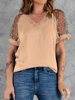 Women's T-Shirts V-Neck Lace Mesh Short Sleeve T-Shirt