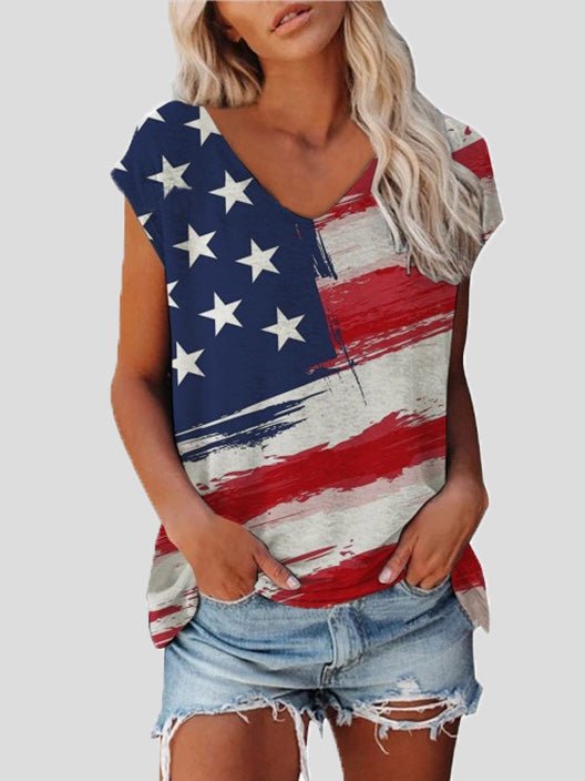 Women's T-Shirts V-Neck Star Stripe Print Short Sleeve T-Shirt