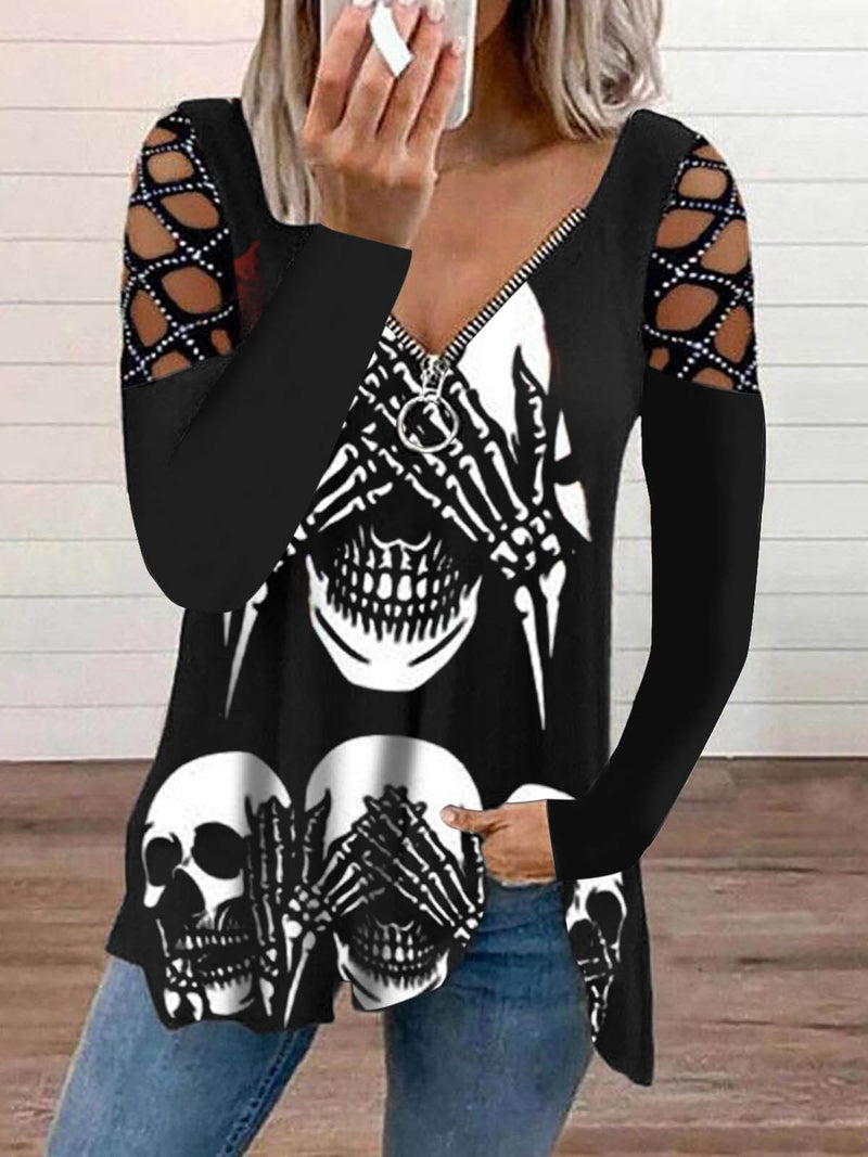 Women's T-Shirts V-Neck Zip Hollow Long Sleeve T-Shirt