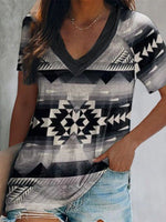 Women's T-Shirts Vintage Geometric Print V-Neck Short Sleeve T-Shirt