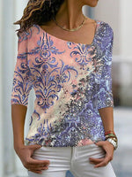 Women's T-Shirts Vintage Print Diagonal Neck Long Sleeve T-Shirt