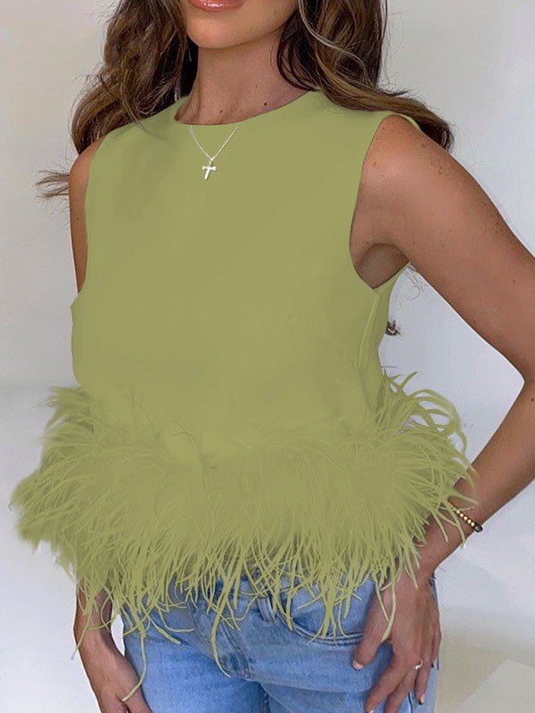 Women's Tank Tops Zip Sleeveless Panel Feather Tank Top